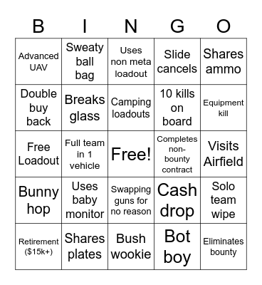 Warzone QUADS Spectator Bingo Card