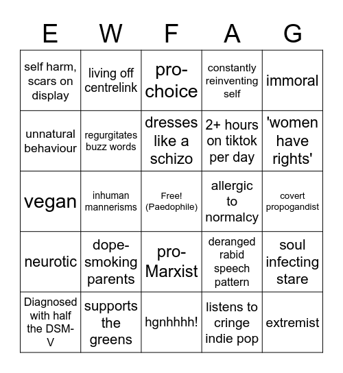 Leftist Faggotry Bingo Card