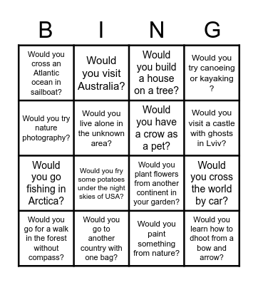 Would you try? Bingo Card