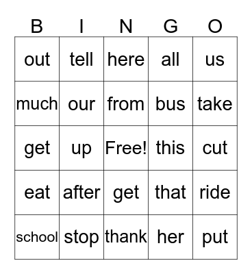 Sight Words Bingo Card