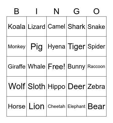 Animal BINGO Card