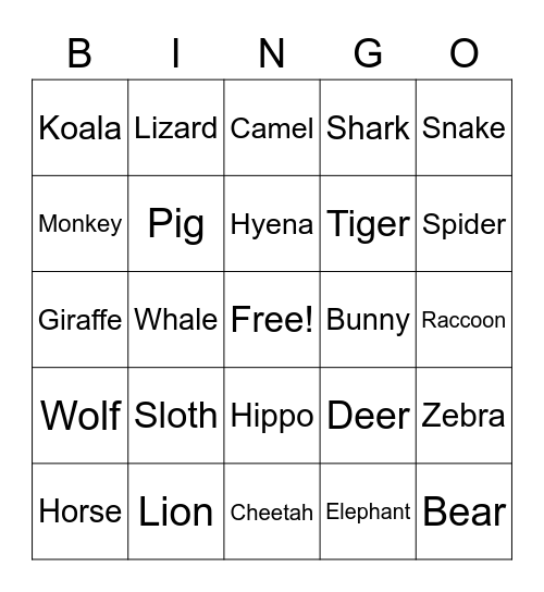 Animal BINGO Card