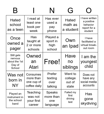Teacher Bingo Card