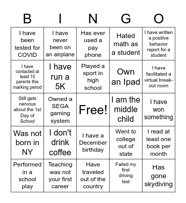 Teacher Bingo Card