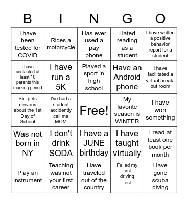 Teacher Bingo Card