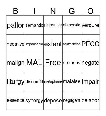 Vocabulary Review Bingo Card