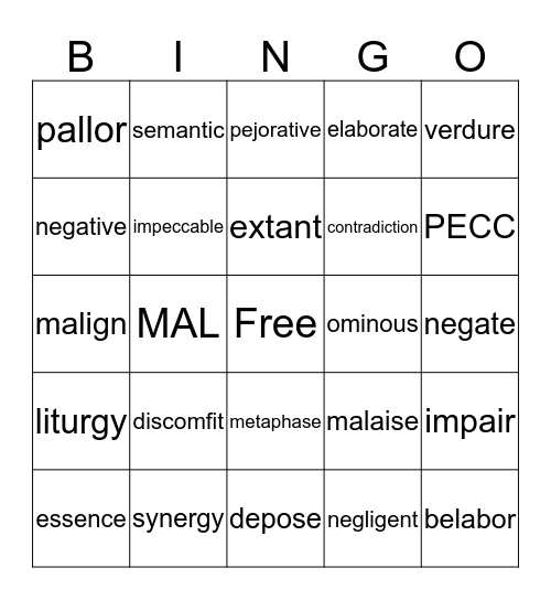 Vocabulary Review Bingo Card