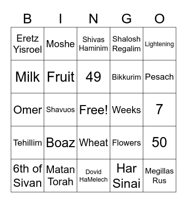 Shavuos Bingo Card