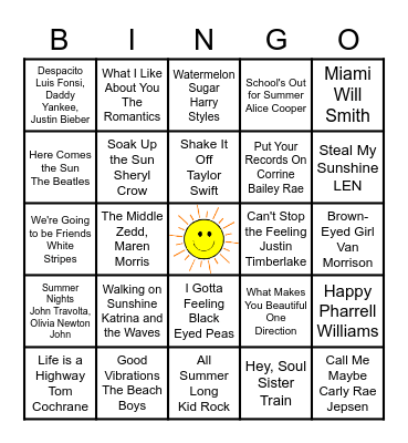 Summer Songs Bingo Card