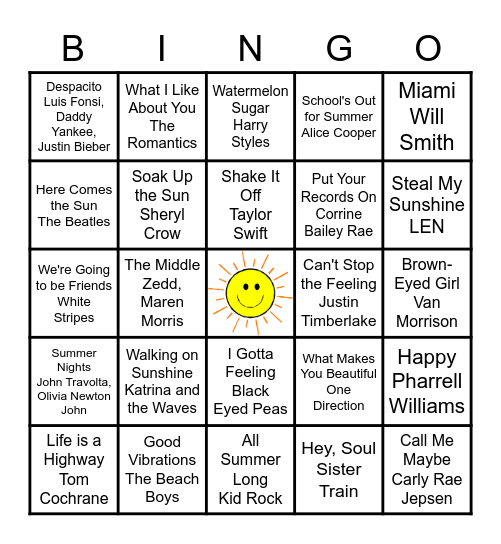 Summer Songs Bingo Card