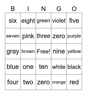 Number/Color words Bingo Card