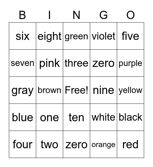 Number/Color words Bingo Card