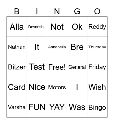 Test Bingo Card