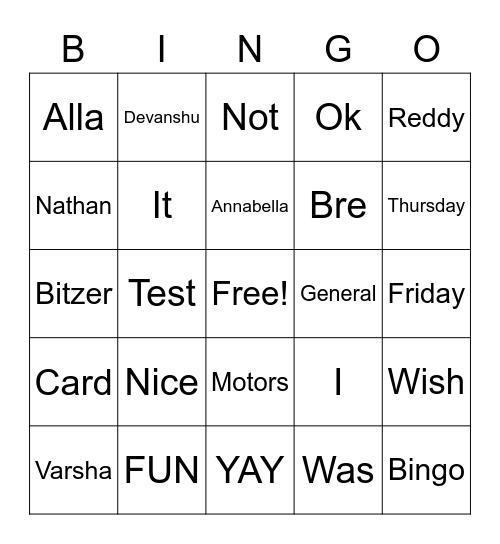 Test Bingo Card