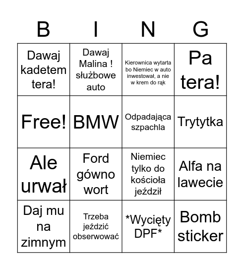 Bingo samochodziarza Bingo Card