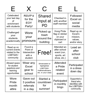 Excel Spirit and Pride Month Bingo Card