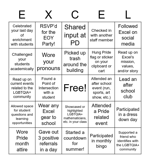 Excel Spirit and Pride Month Bingo Card