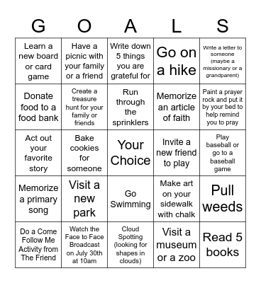 Summer Time Fun Bingo Card