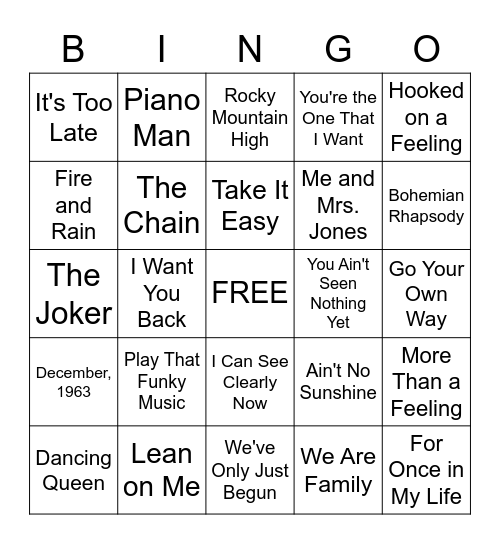 70's Music Bingo Card