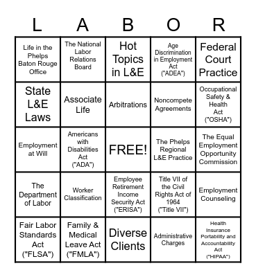 Phelps Dunbar Labor & Employment Bingo Card