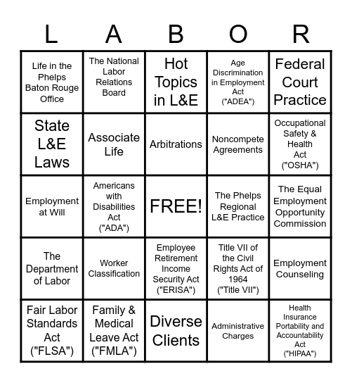 Phelps Dunbar Labor & Employment Bingo Card