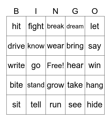Irregular Past Tense Bingo Card