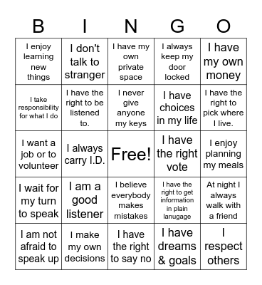 Self Advocacy Bingo Card