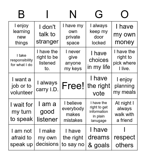 Self Advocacy Bingo Card