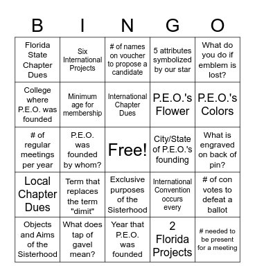 P.E.O. Bingo Card