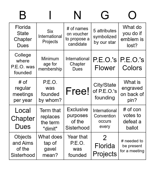 P.E.O. Bingo Card