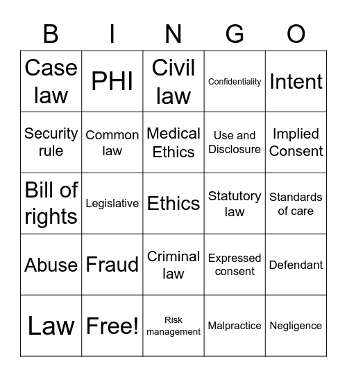 Medical Law and Ethics Bingo Card