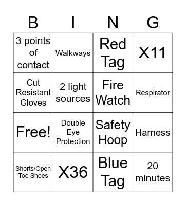 Safety Bingo Card