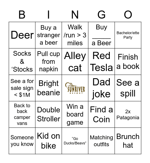 Higgins Family Sunriver BINGO - 2022 Bingo Card