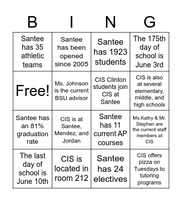 CISLA Santee EC Bingo Card