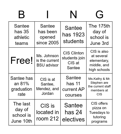 CISLA Santee EC Bingo Card