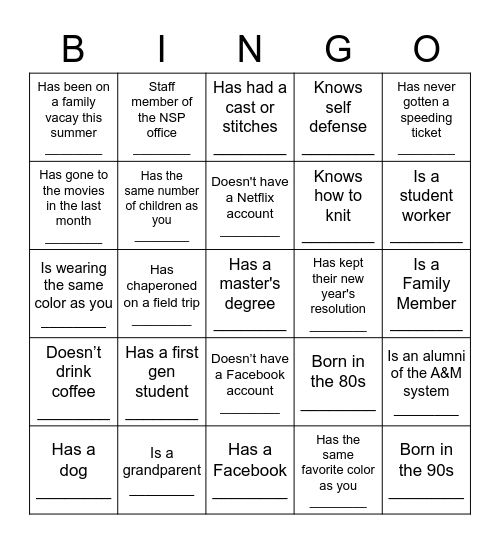 Family Networking Bingo! Find Someone Who... Bingo Card