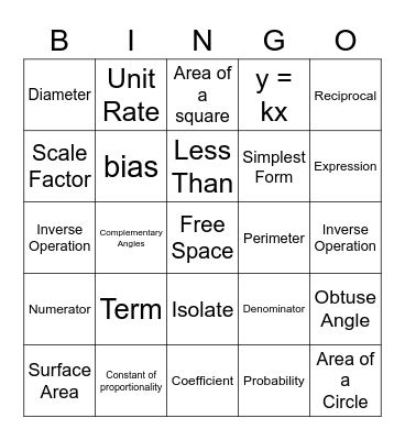 Middle School Bingo Card