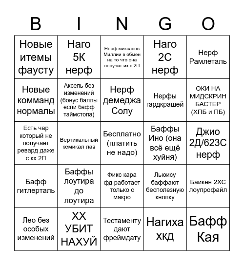 патч ноты 8 июня Bingo Card