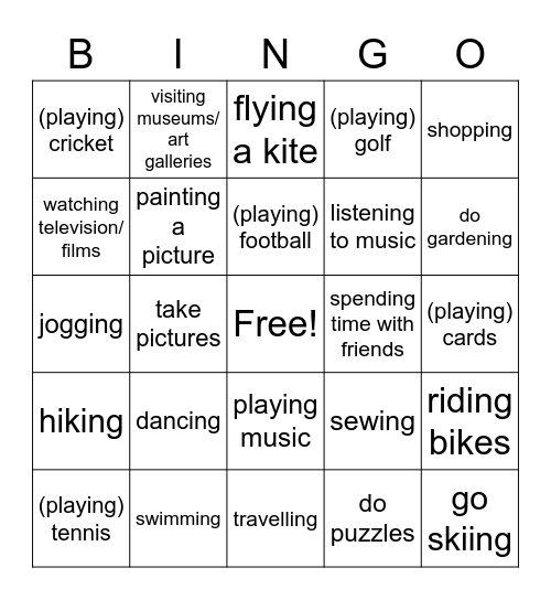 Leisure Activities Bingo Card