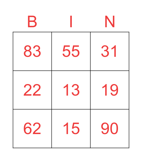 Numbers from 1 to 100 Bingo Card