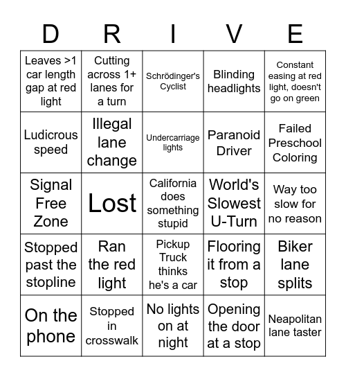 Bad Driver Bingo Card