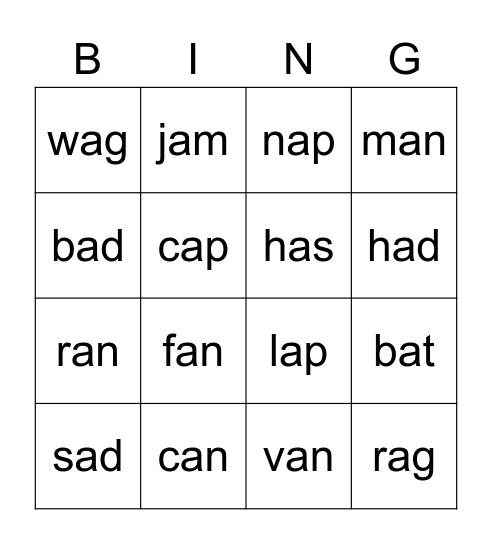 first grade short a Bingo Card