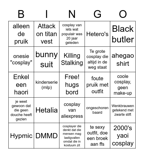 Character Cosplay bingo Card