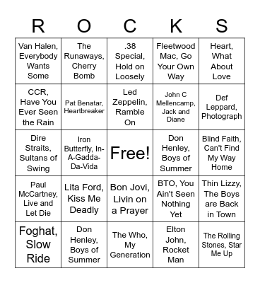Classic Rock List 3 Bingo Card