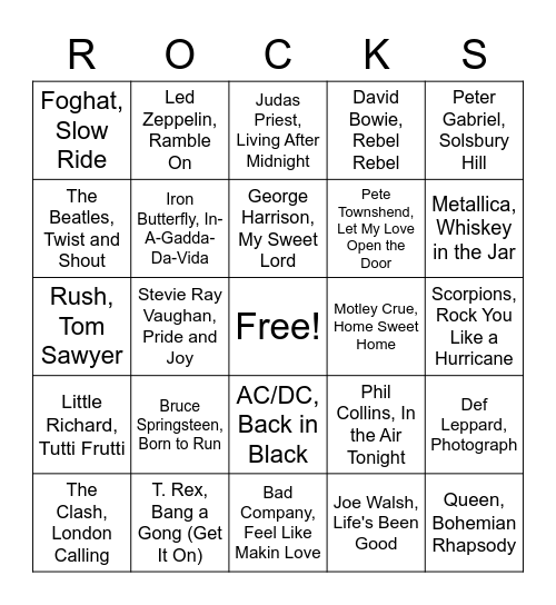 Classic Rock List 3 Bingo Card