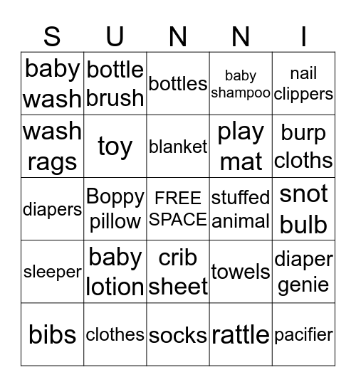 Sunni's Shower Bingo Card