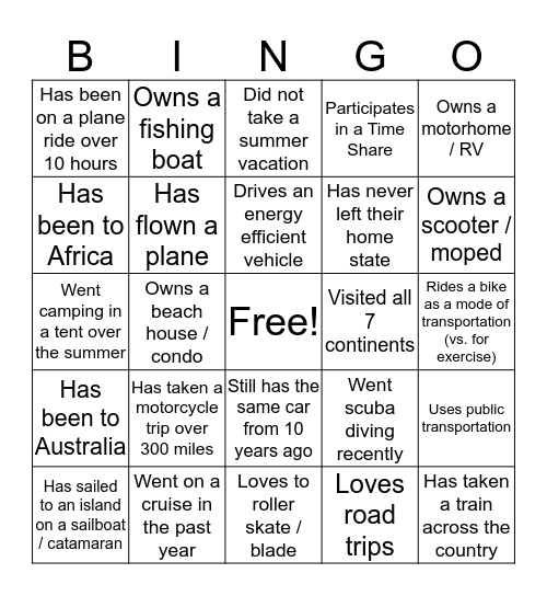 Travel BINGO Card