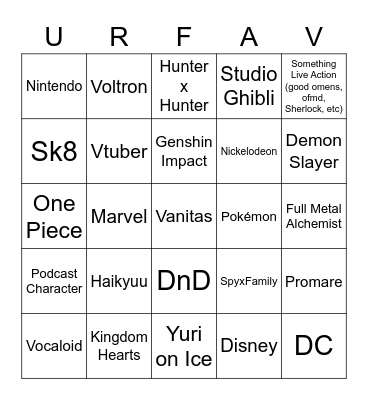 Fandom Bingo Card