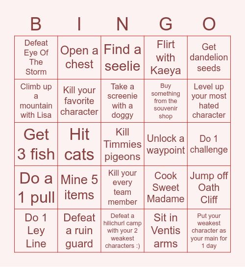 GENSHIN BINGO 2.0 Bingo Card