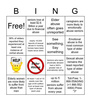 Elder Abuse Awareness Day Bingo Card